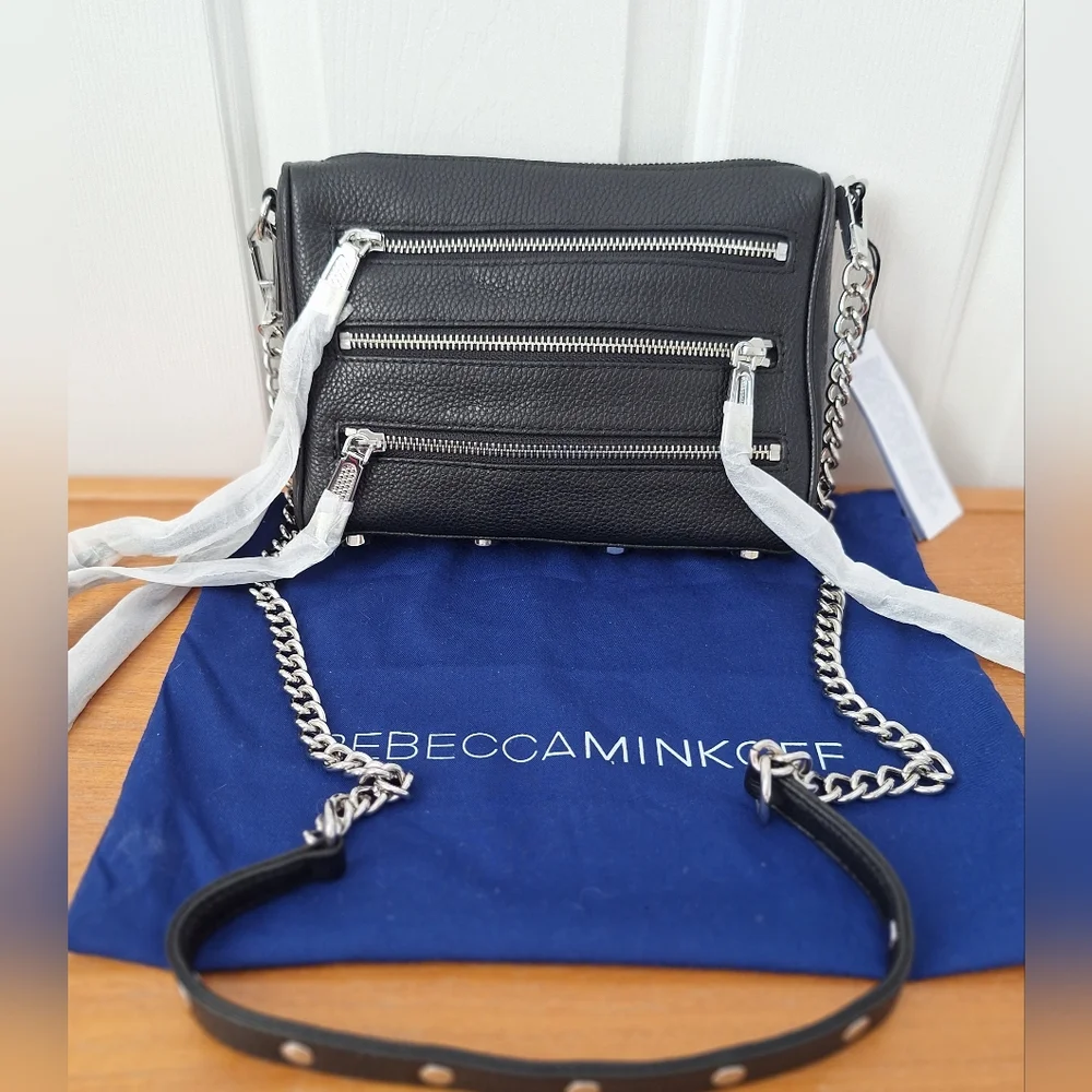 Rebecca Minkoff Mini 5 Zip Leather Crossbody Metal Chain Black Edgy Punk NEW - Picture 2 of 13